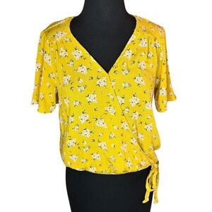 Pink Republic Women’s Yellow Floral Wrap Short Sleeve Blouse
